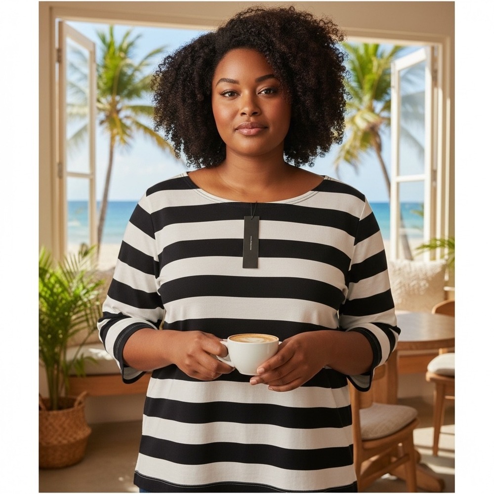 Allegra K Womens XXXL Navy Blue White Striped Boat Neck 3/4 Sleeve Cotton‎ NEW